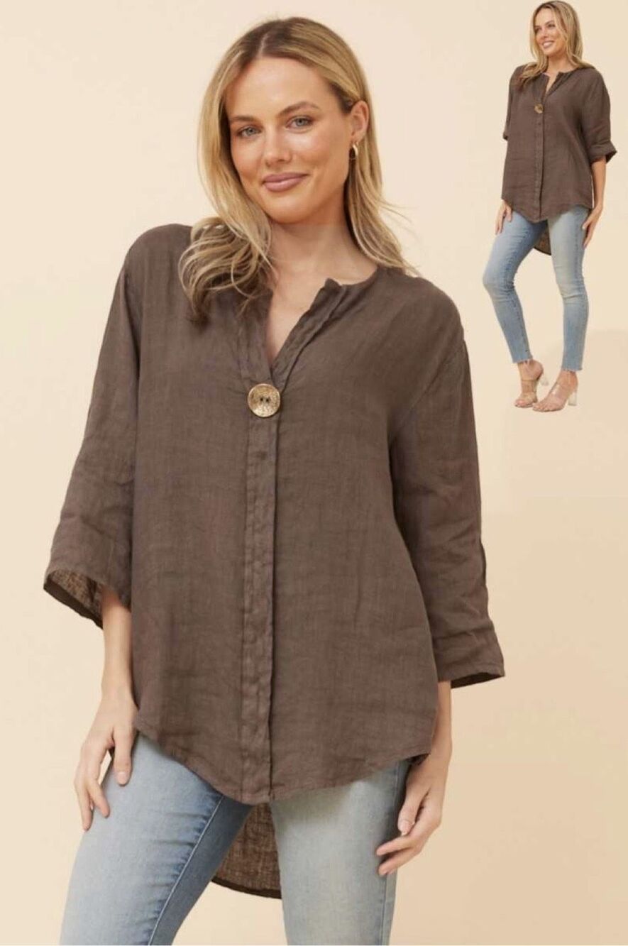 Palermo Linen Top Made in Italy Sz L Taupe
